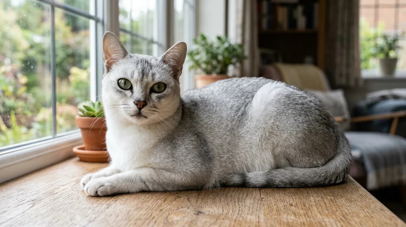 A silver shaded Burmilla cat with dark eyeliner markings and green eyes resting on a windowsill in soft daylight.
