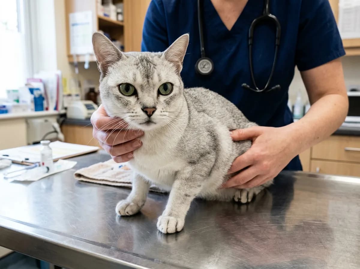A veterinarian gently examining a silver Burmilla cat on a clinic table during a routine kidney health check.