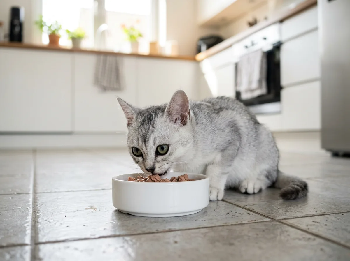 A silver Burmilla kitten eating from a clean ceramic bowl in a bright kitchen at the cat's eye level.