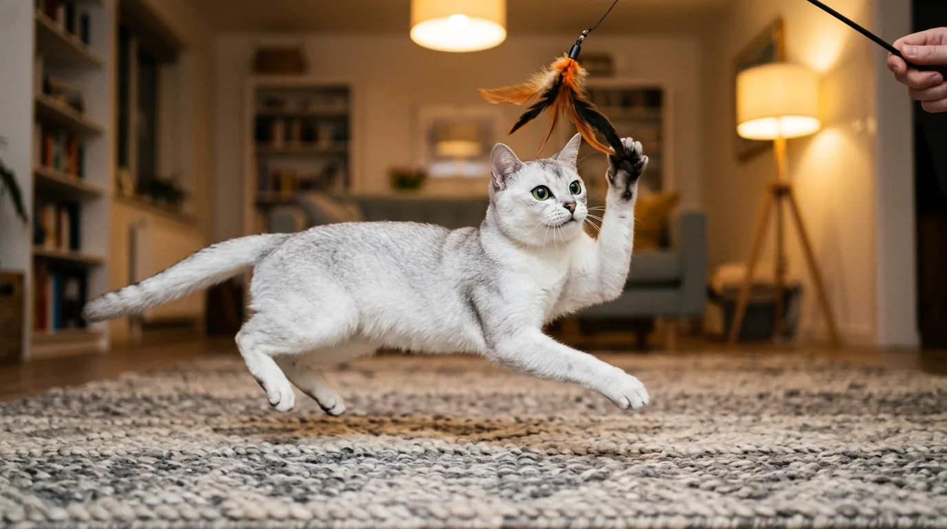 A silver shaded Burmilla cat mid-pounce, playing with a feather wand toy on a living room rug.