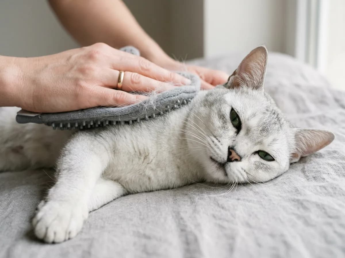 A person's hands gently brushing a relaxed silver Burmilla cat's short dense coat with a grooming mitt.