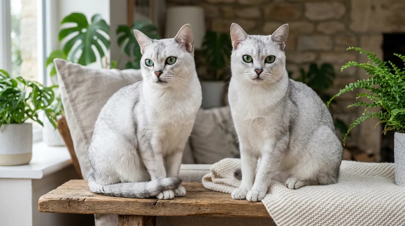 Two silver Burmilla cats together, both showing the tipped coat and eyeliner markings.