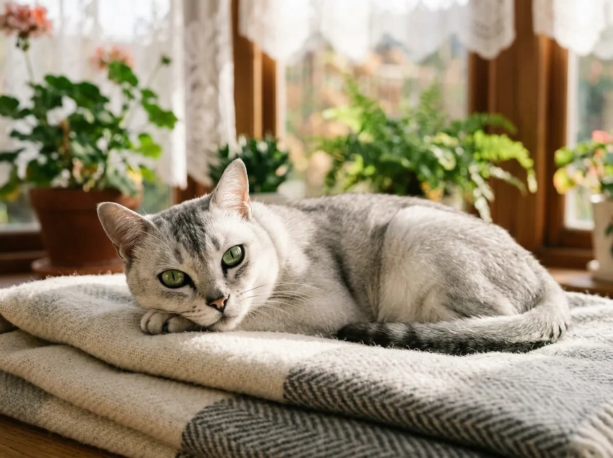 A senior silver Burmilla cat resting in a sunny window, looking healthy and bright-eyed in old age.