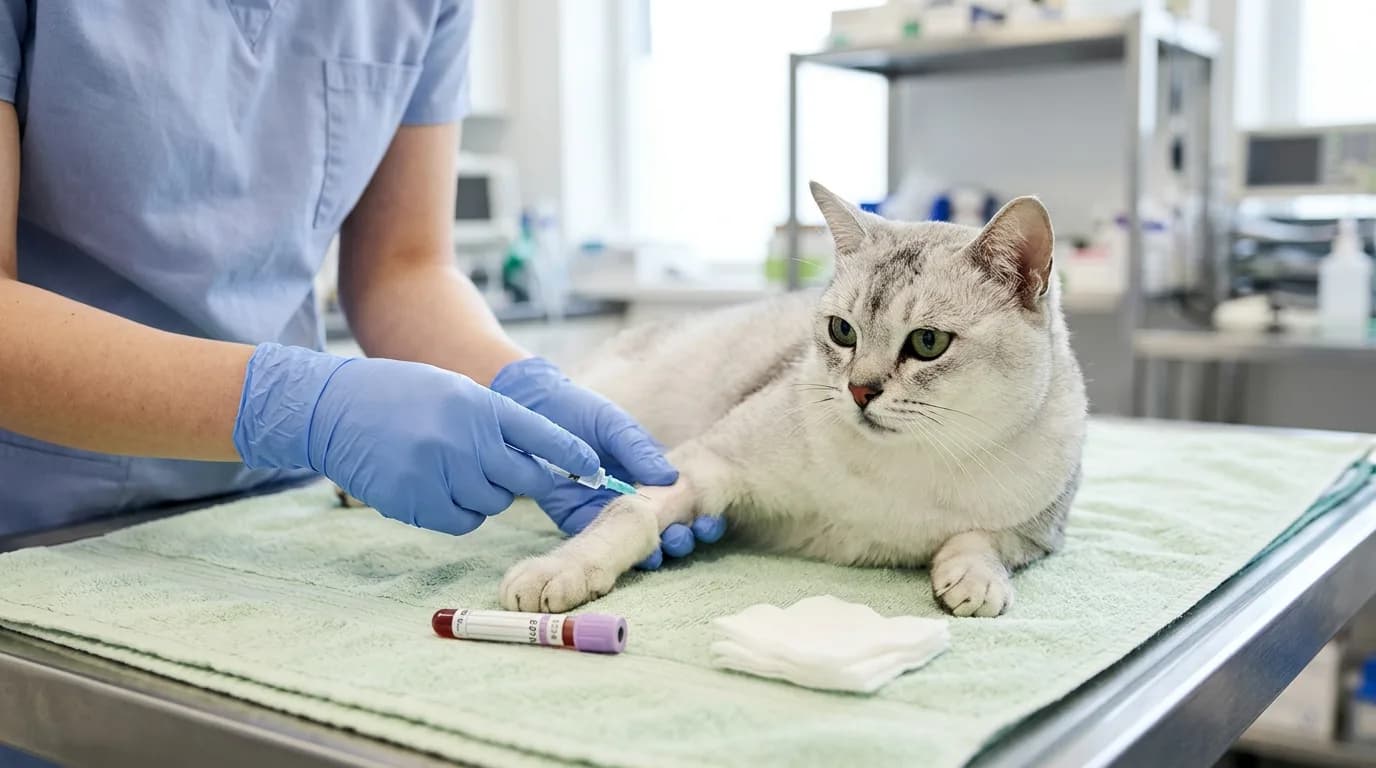 A veterinary technician drawing a small blood sample from a calm senior silver Burmilla cat for a routine kidney panel.