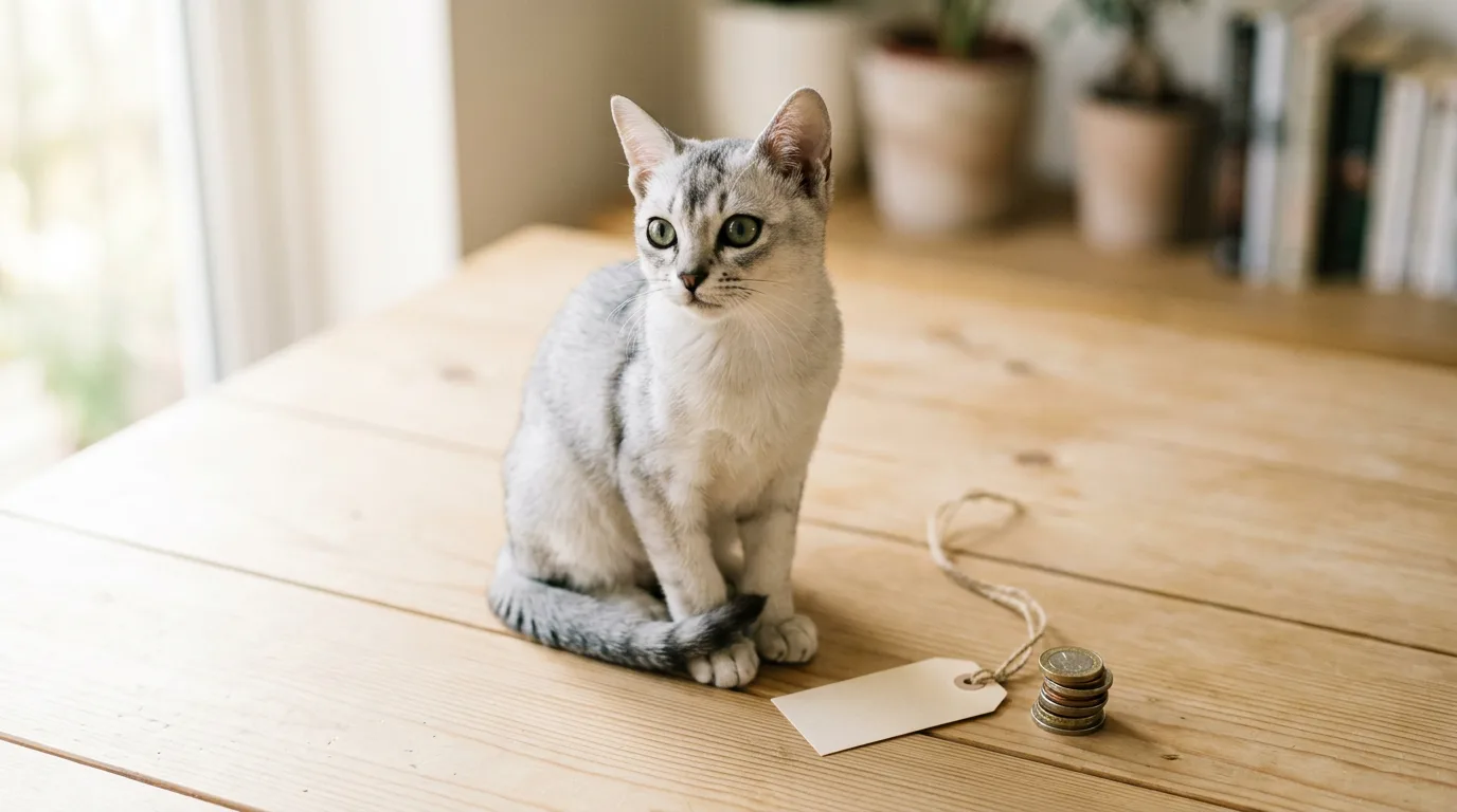 A silver Burmilla kitten with dark eyeliner markings sits beside a price tag and a stack of coins on a sunlit table.