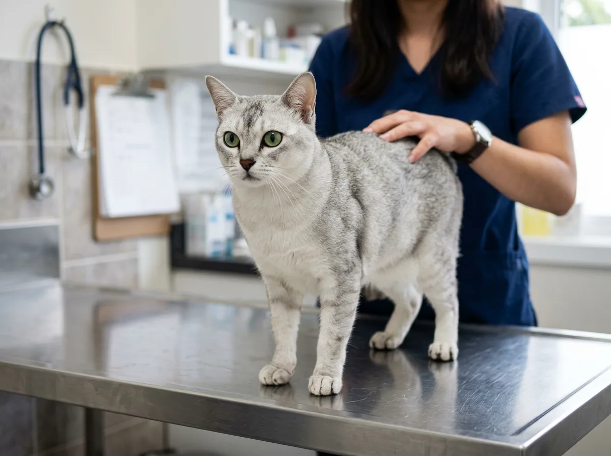An adult silver Burmilla cat is examined by a veterinarian on a clinic exam table during a health check.