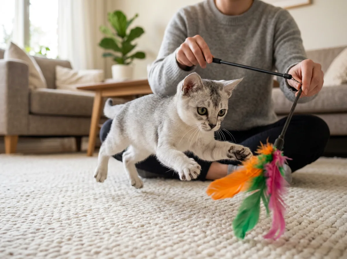 A silver Burmilla kitten plays with a feather toy on a living-room rug while an owner watches from behind.