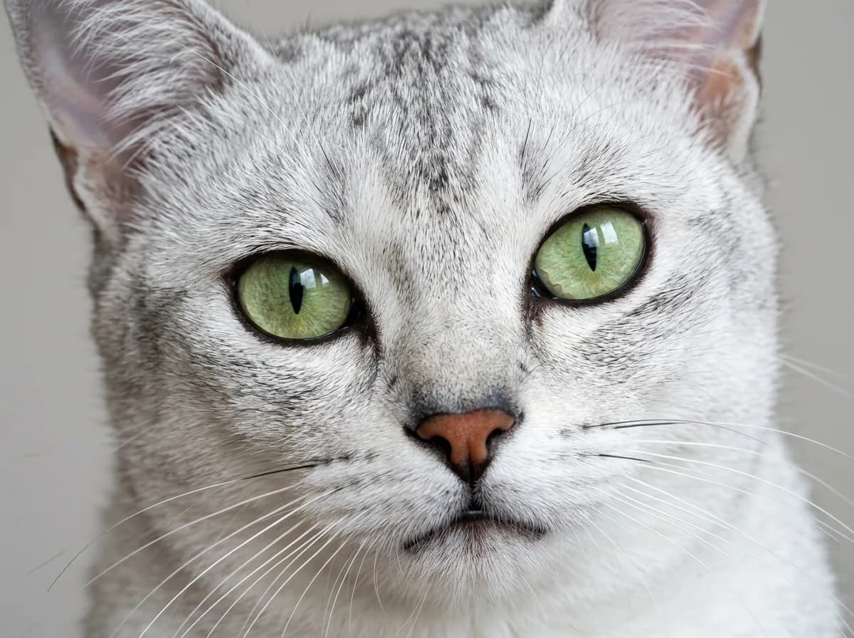 A close-up of a silver Burmilla cat's face showing its dark eyeliner markings and large green eyes.