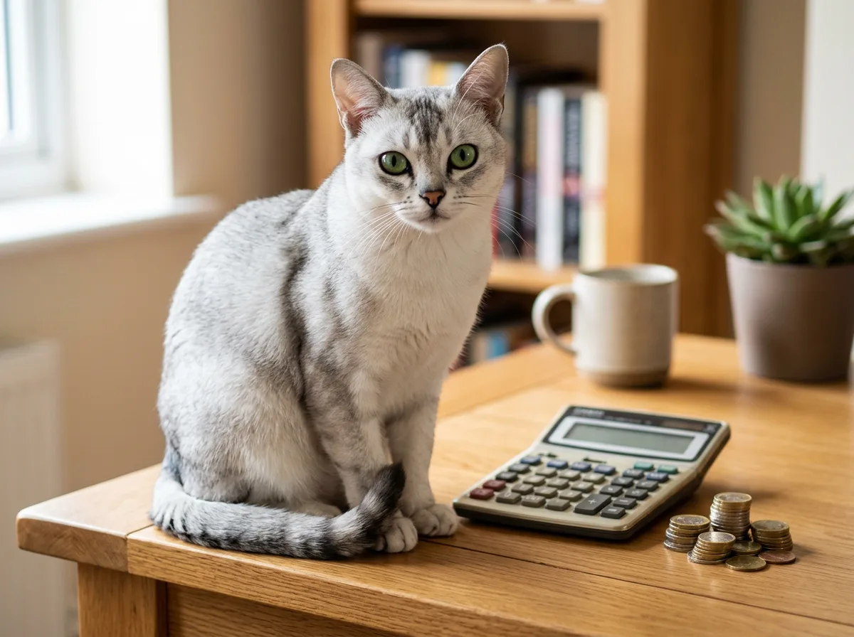 A silver Burmilla cat beside a calculator and coins, illustrating budgeting.