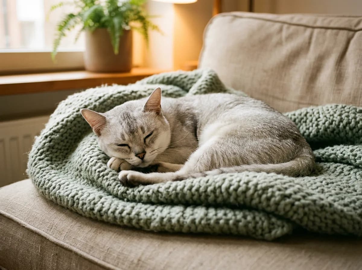 A content silver Burmilla cat curled up and relaxed on a soft blanket at home.