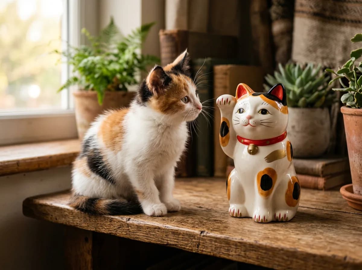 A traditional Japanese maneki-neko beckoning cat figurine modeled on a calico, with raised paw, beside a real calico kitten