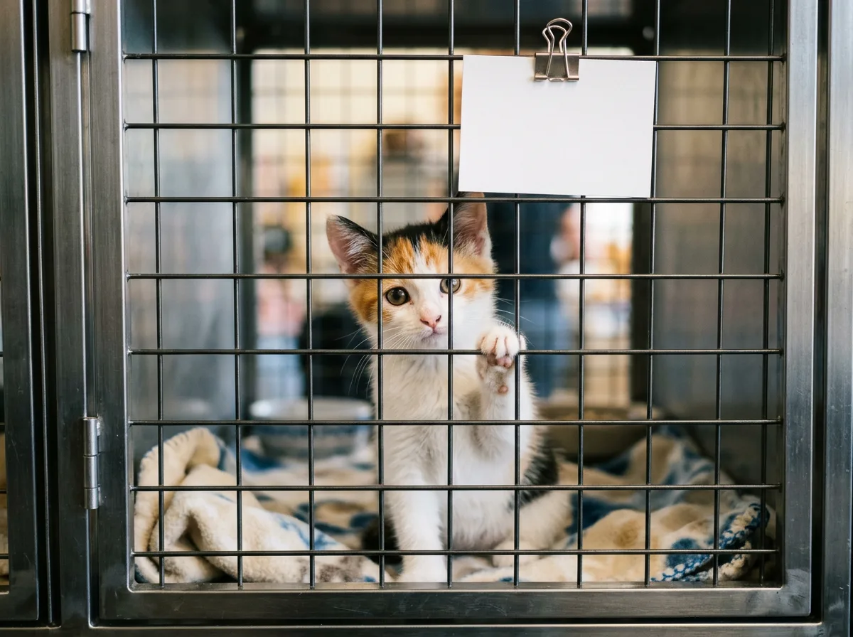 A calico kitten in a shelter adoption enclosure reaching a paw through the bars, with a blank card clipped to the door