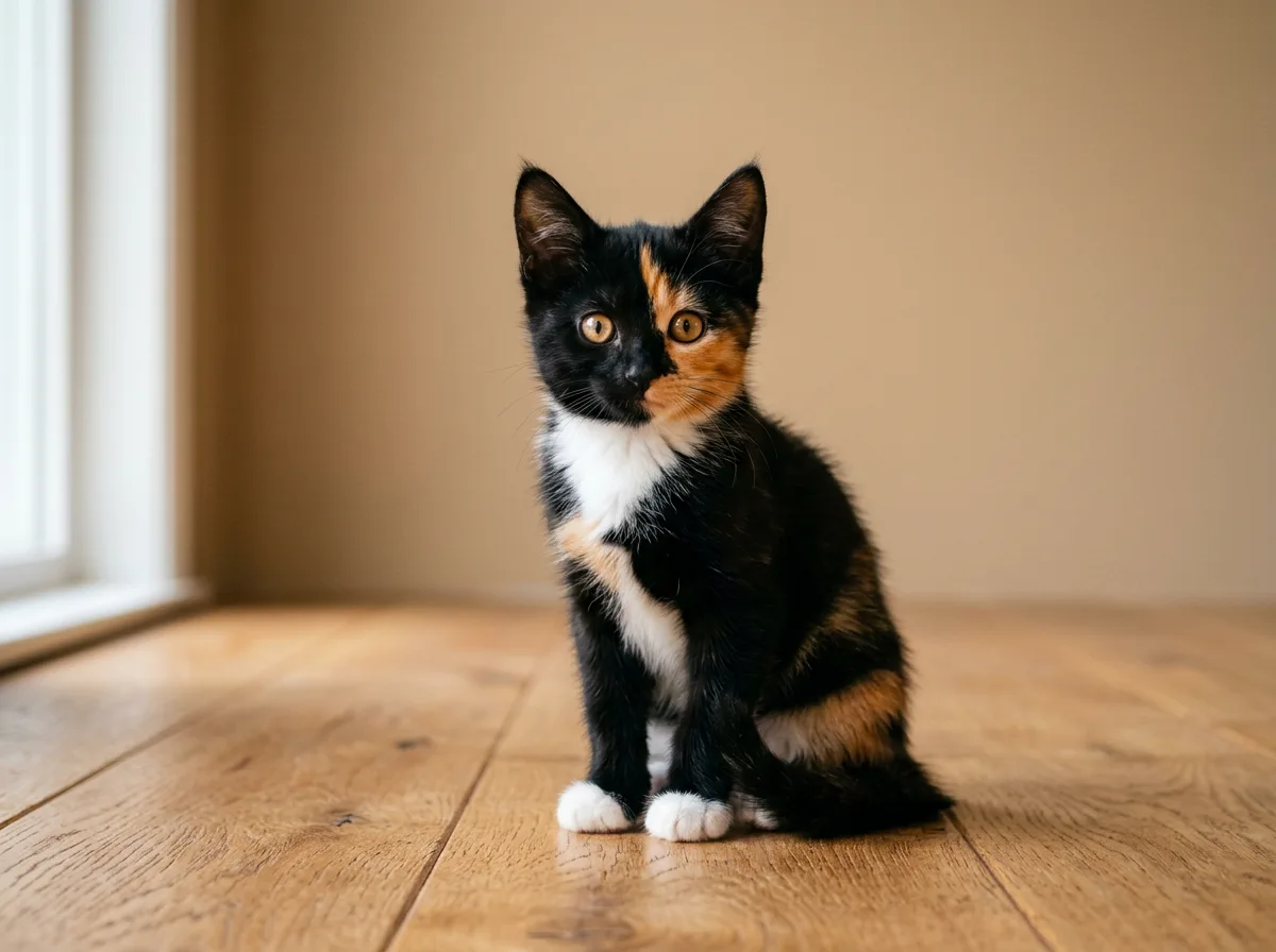 A black-dominant calico kitten with a mostly black coat, a few orange patches, and white on the chest and paws