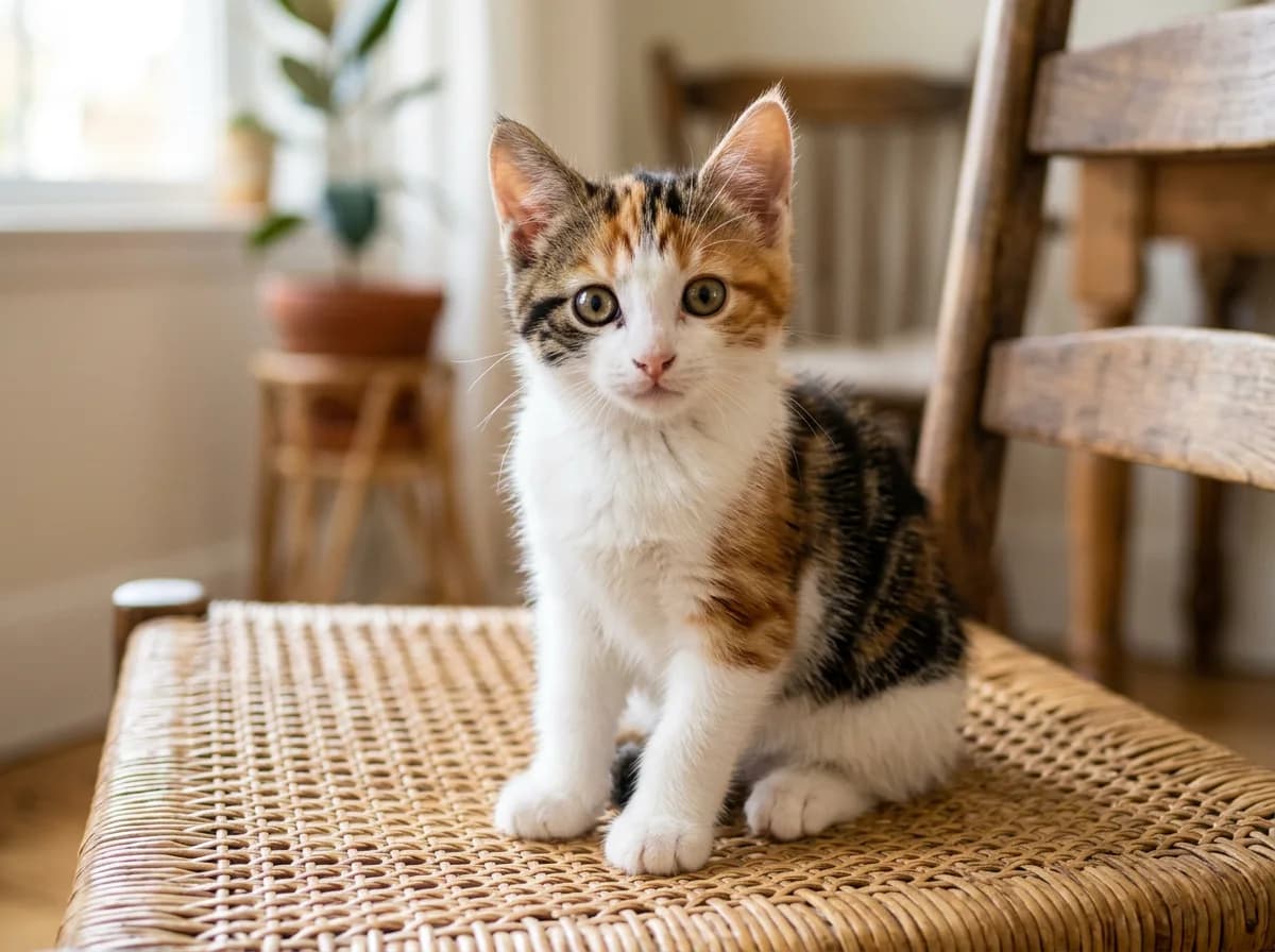 A calico tabby (caliby) kitten with tabby striping in its orange and brown patches and a white chest and legs