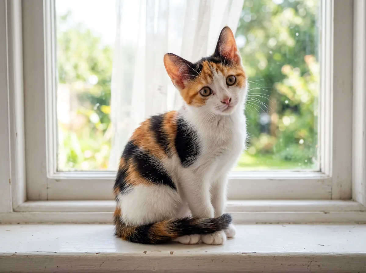 A classic calico kitten with crisp white fur and vivid, saturated orange and jet-black patches, sitting on a white windowsill