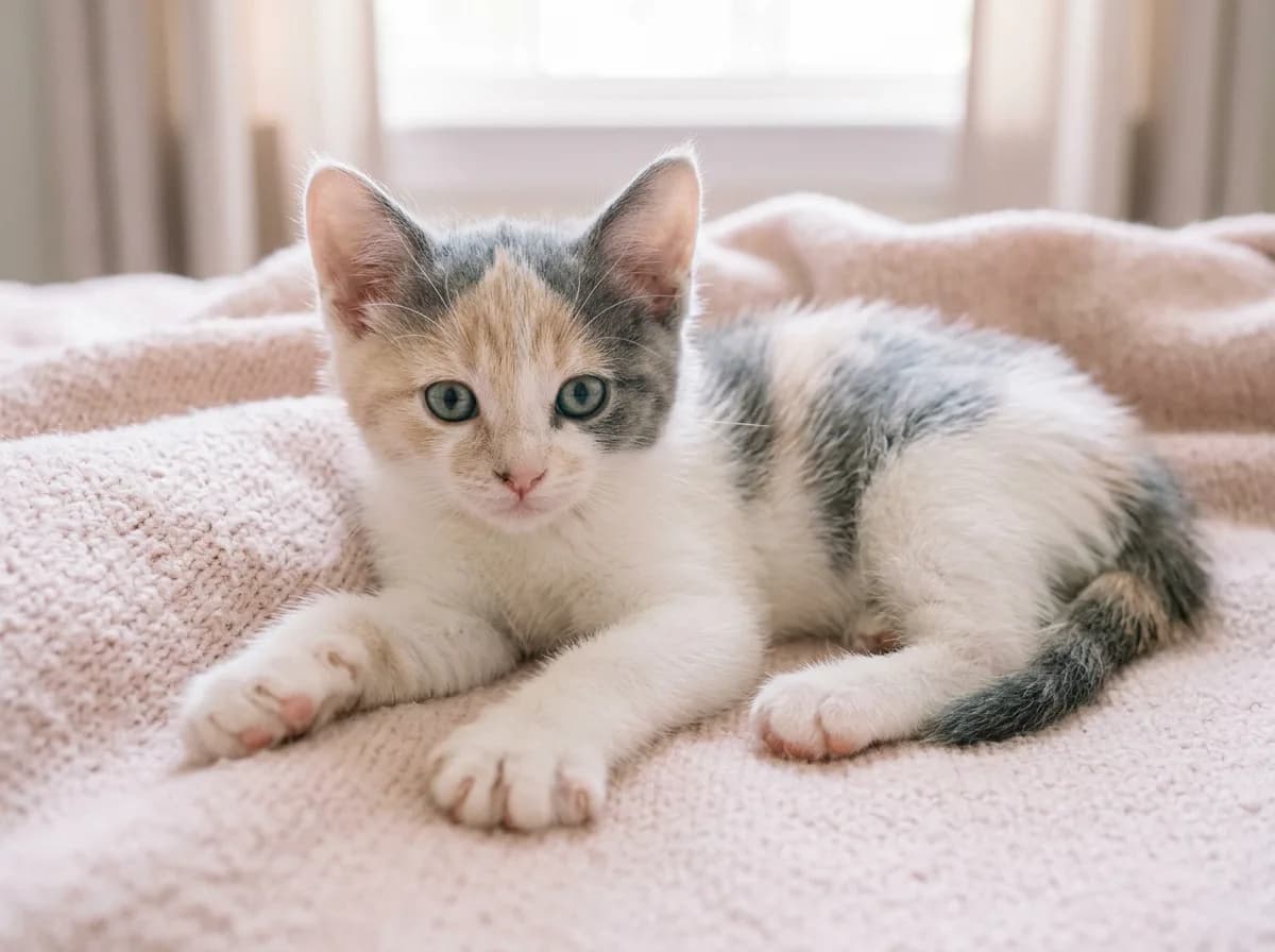 A dilute calico kitten with soft blue-gray and cream patches on a white coat, lying on a pale pink blanket