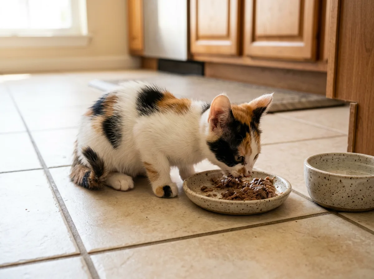 A calico kitten eating wet food from a shallow ceramic dish on a kitchen floor, with a water bowl beside it