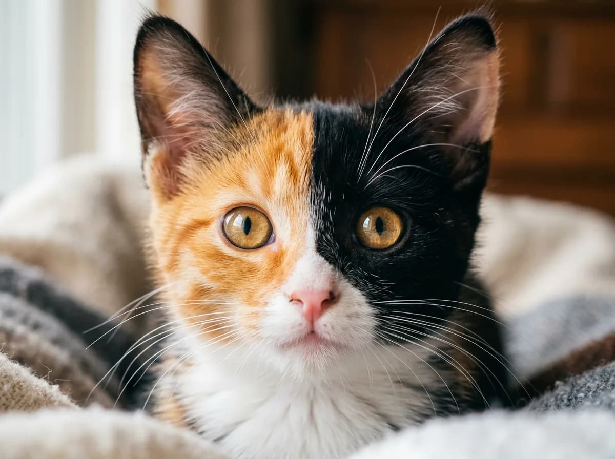 A close-up of a calico kitten's face split half orange and half black down the center, with bright eyes and a pink nose