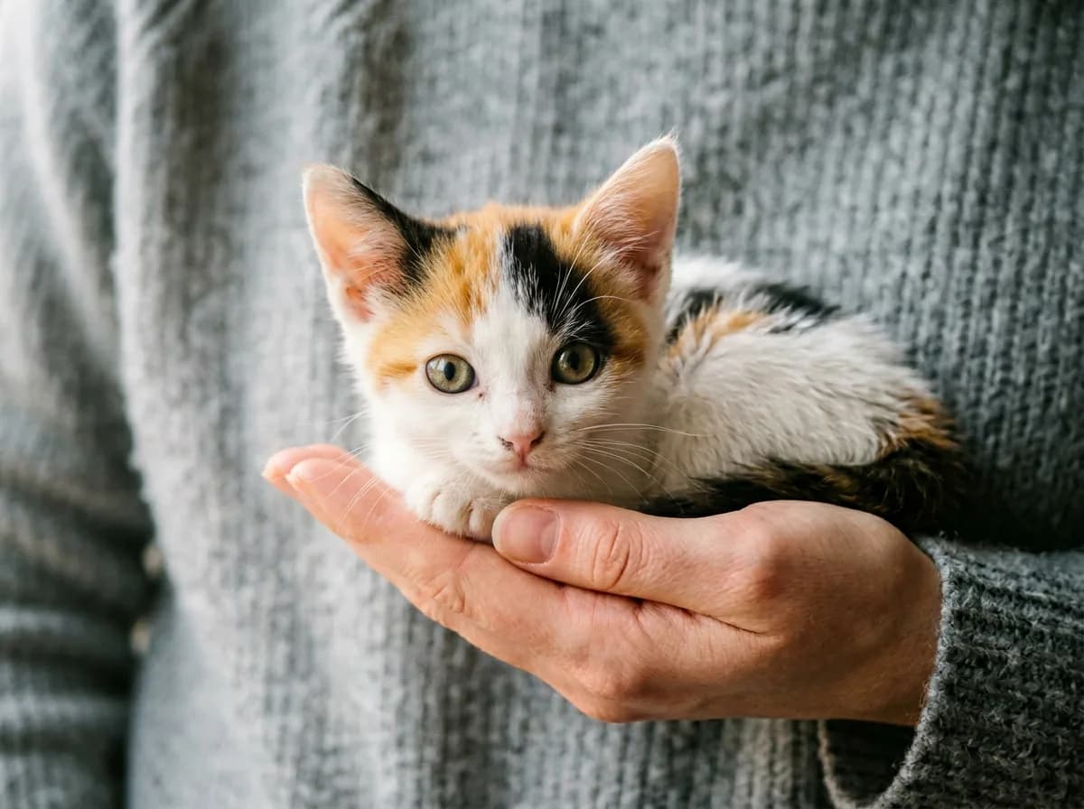 A calico kitten resting calmly in a foster volunteer's hand, looking at the camera with curious eyes