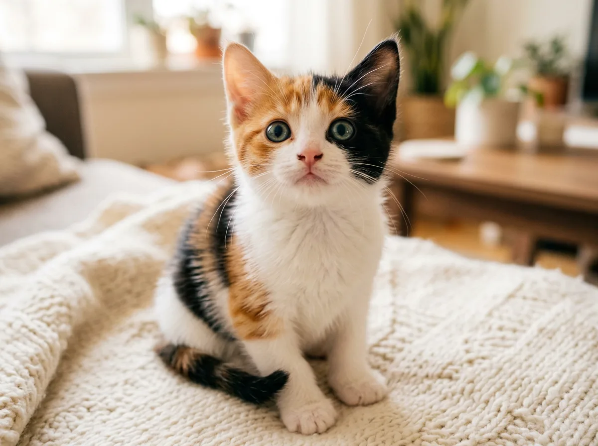 A young calico kitten with a white chest, bright orange patches, and black markings sitting on a soft cream blanket, looking up at the camera