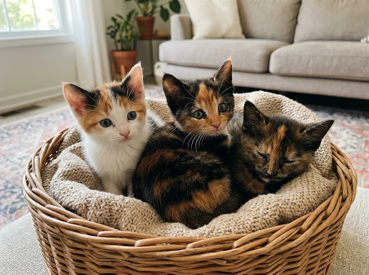 Three calico and tortoiseshell kittens huddled together in a wicker basket, each showing a different balance of orange, black, and white