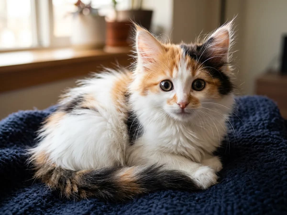 A fluffy long-haired calico kitten with abundant white fur and soft orange and black patches, sitting on a dark blanket