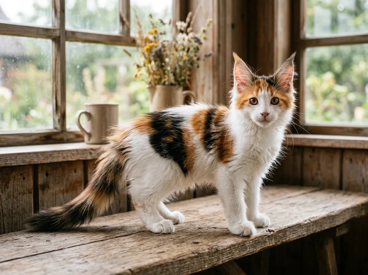 A calico Maine Coon kitten with a fluffy tricolor coat, large ears with lynx tips, and a long bushy tail
