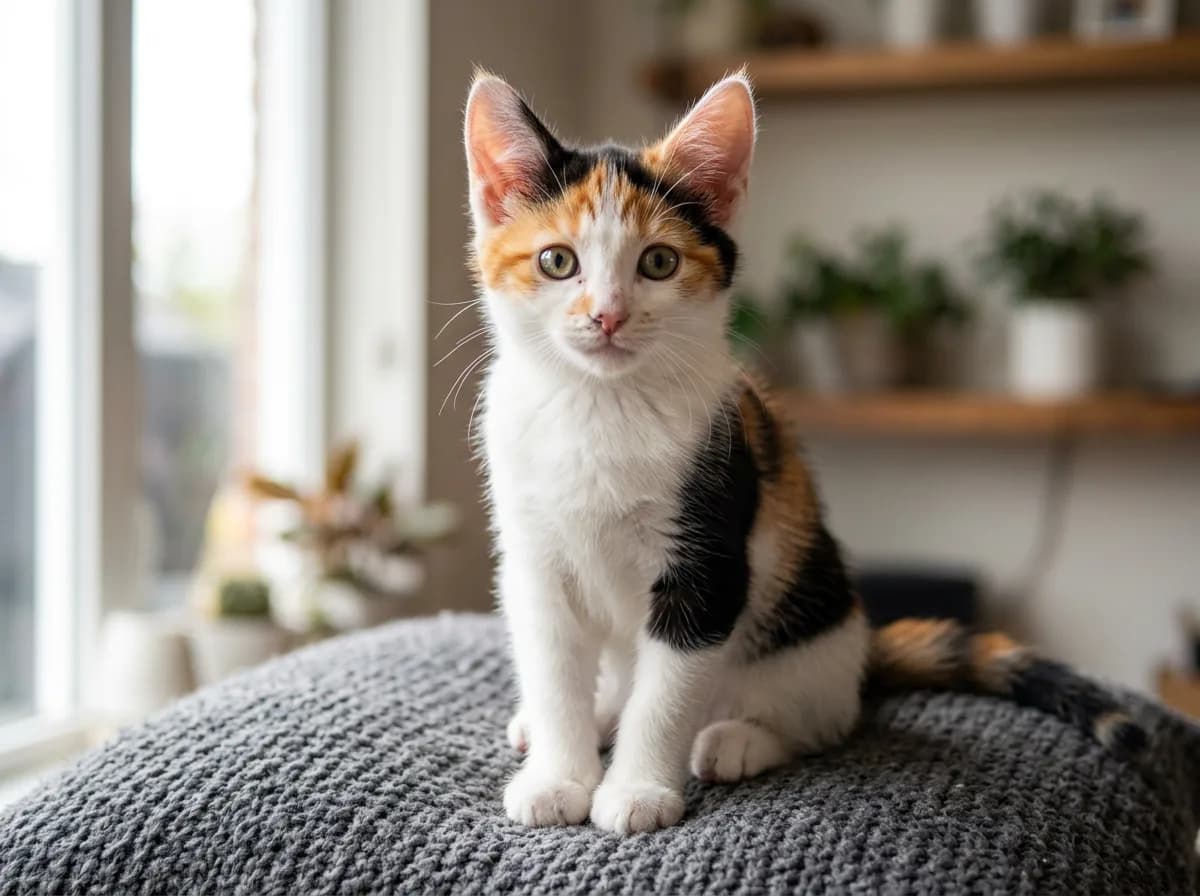 A rare male calico kitten with bold orange and black patches on white, sitting upright on a gray cushion