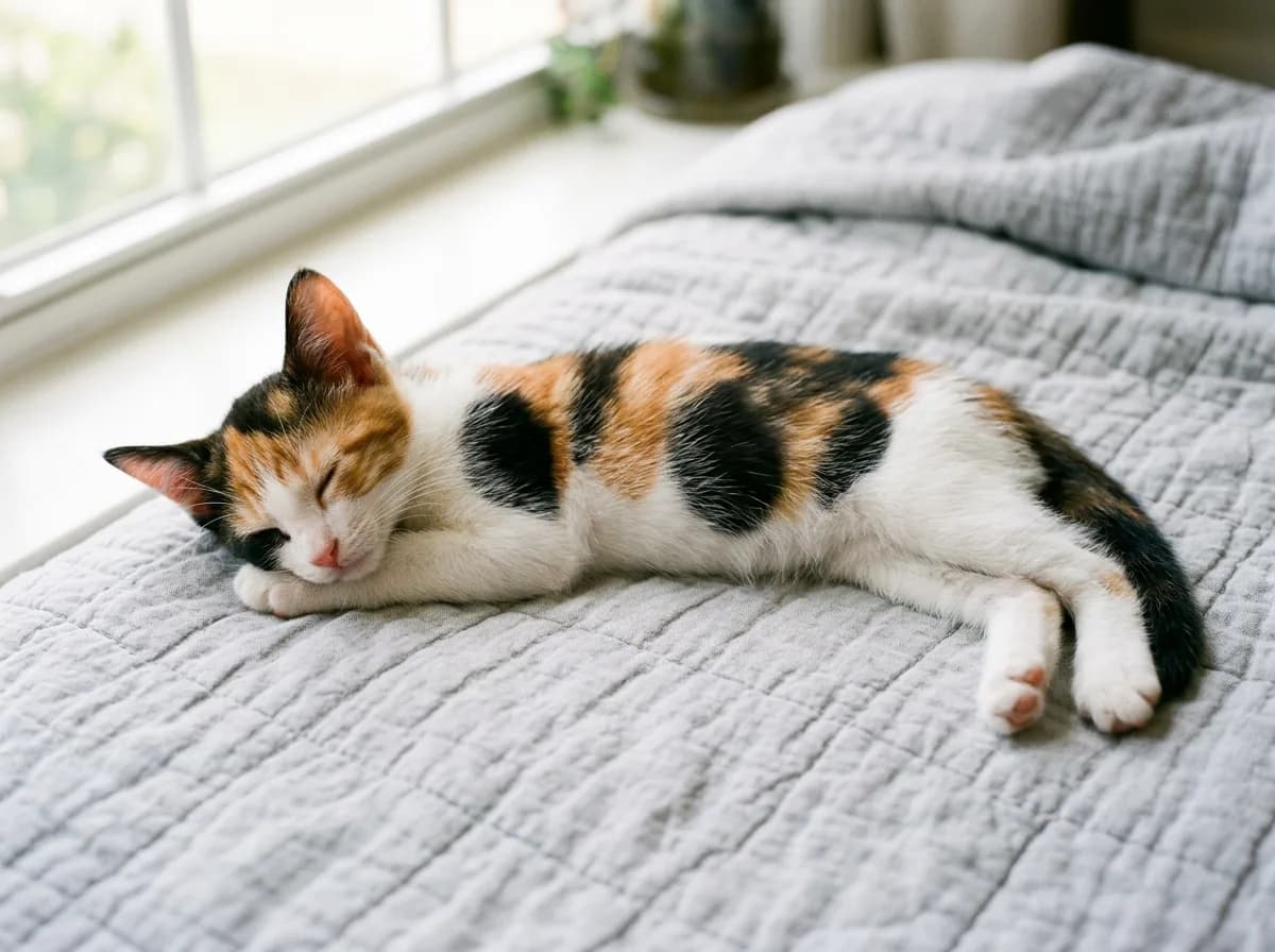 A calico kitten lying on its side showing the mosaic of orange and black fur patches over a white underbody, illustrating X-chromosome inactivation
