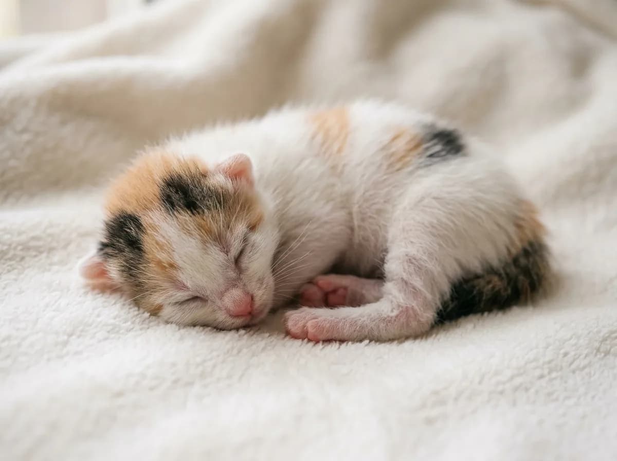 A newborn calico kitten only days old with eyes still closed, faint orange and black patches just visible on a mostly white coat