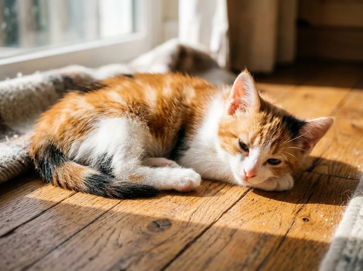 An orange-dominant calico kitten with large warm orange patches, small black markings, and a white bib, lying in a sunny spot