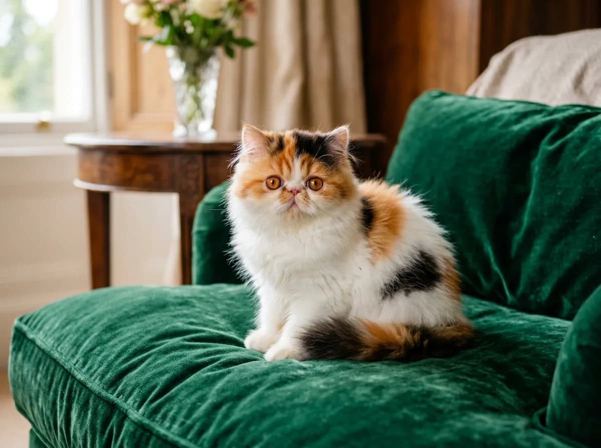 A long-haired calico Persian kitten with a flat face, plush tricolor coat, and copper eyes sitting on a velvet cushion