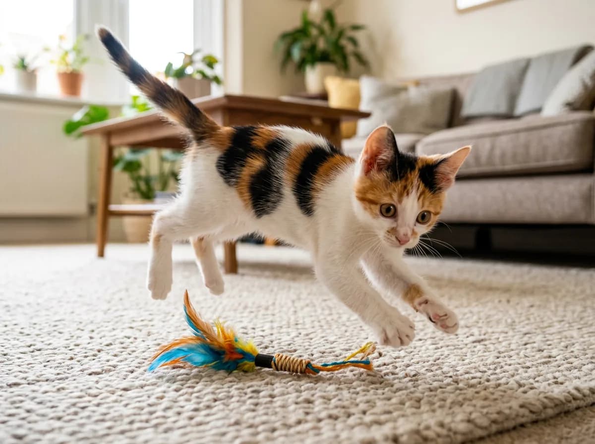 A lively calico kitten mid-pounce on a feather toy, ears forward and tail up, on a living room rug