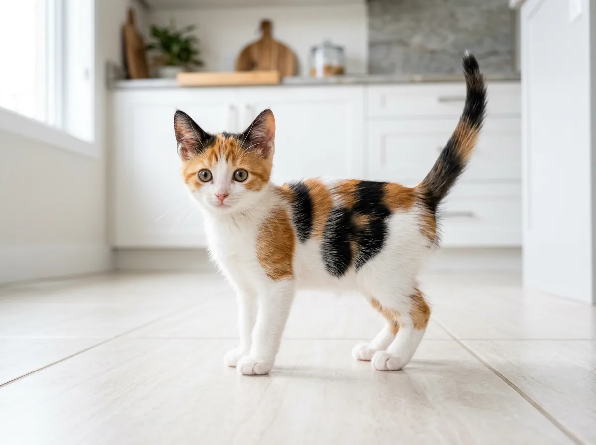 A sleek short-haired calico kitten with sharply defined orange and black patches on white, standing alert on a tile floor