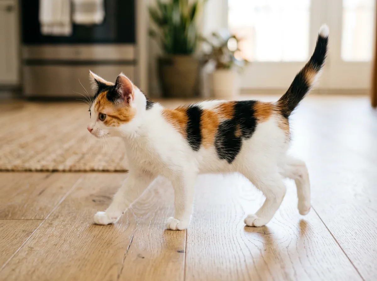 A tricolor calico kitten standing on a wood floor, showing a white belly with sharply separated orange and black patches across its back