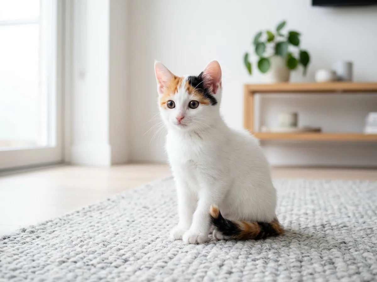 A nearly all-white calico kitten with color limited to a patched head and tail, sitting on a light gray rug