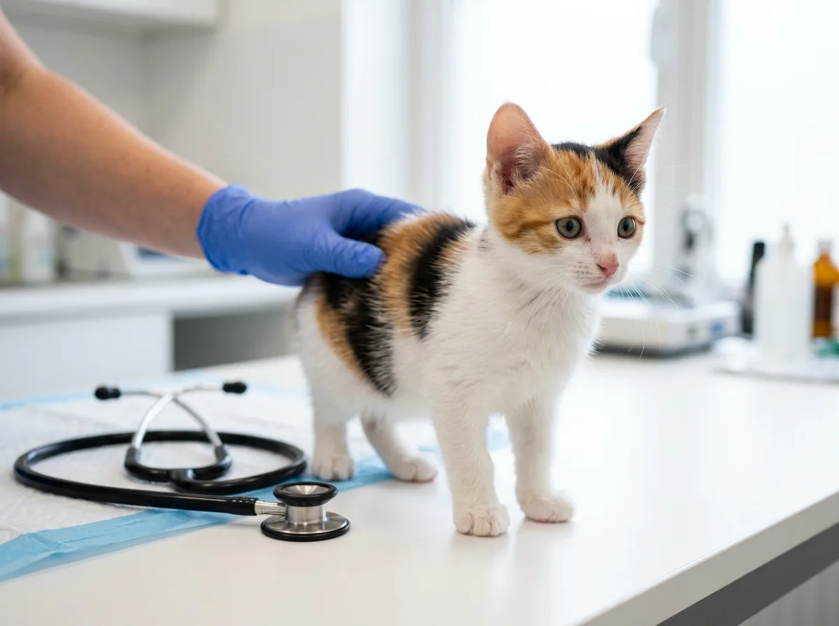 A healthy calico kitten standing on a veterinary table steadied by a gloved hand, with a stethoscope nearby