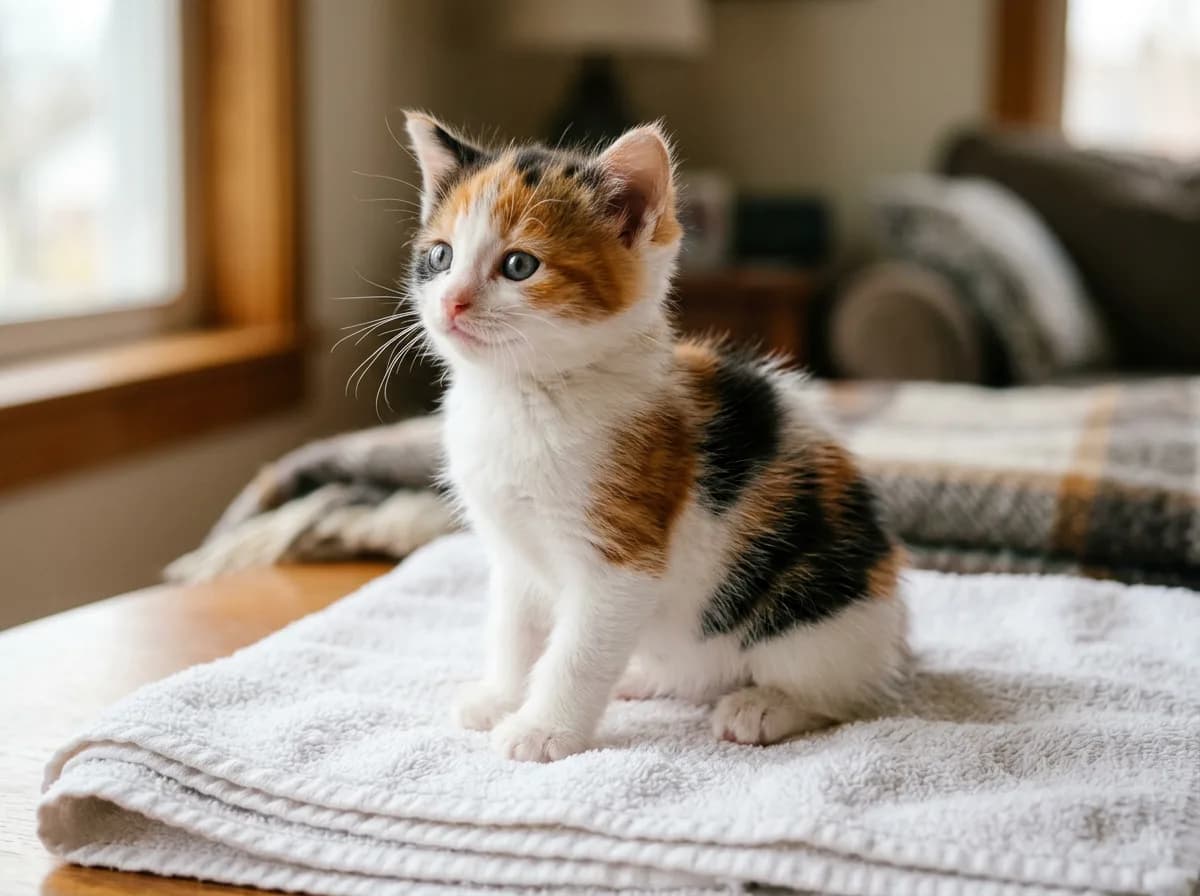 A several-weeks-old calico kitten with eyes open and bolder, more defined orange and black patches than a newborn, sitting up on a soft towel