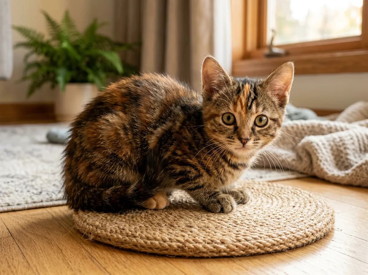 A torbie (patched tabby) kitten with interwoven tabby-striped orange and black fur and minimal white
