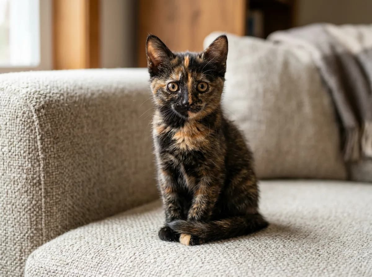 A tortoiseshell kitten with brindled, interwoven orange and black fur and almost no white, shown for comparison against the calico pattern