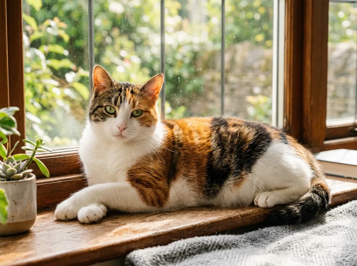 Calico tabby cat with a white chest, orange tabby-striped patches, and black-brown striped patches lying on a sunny windowsill