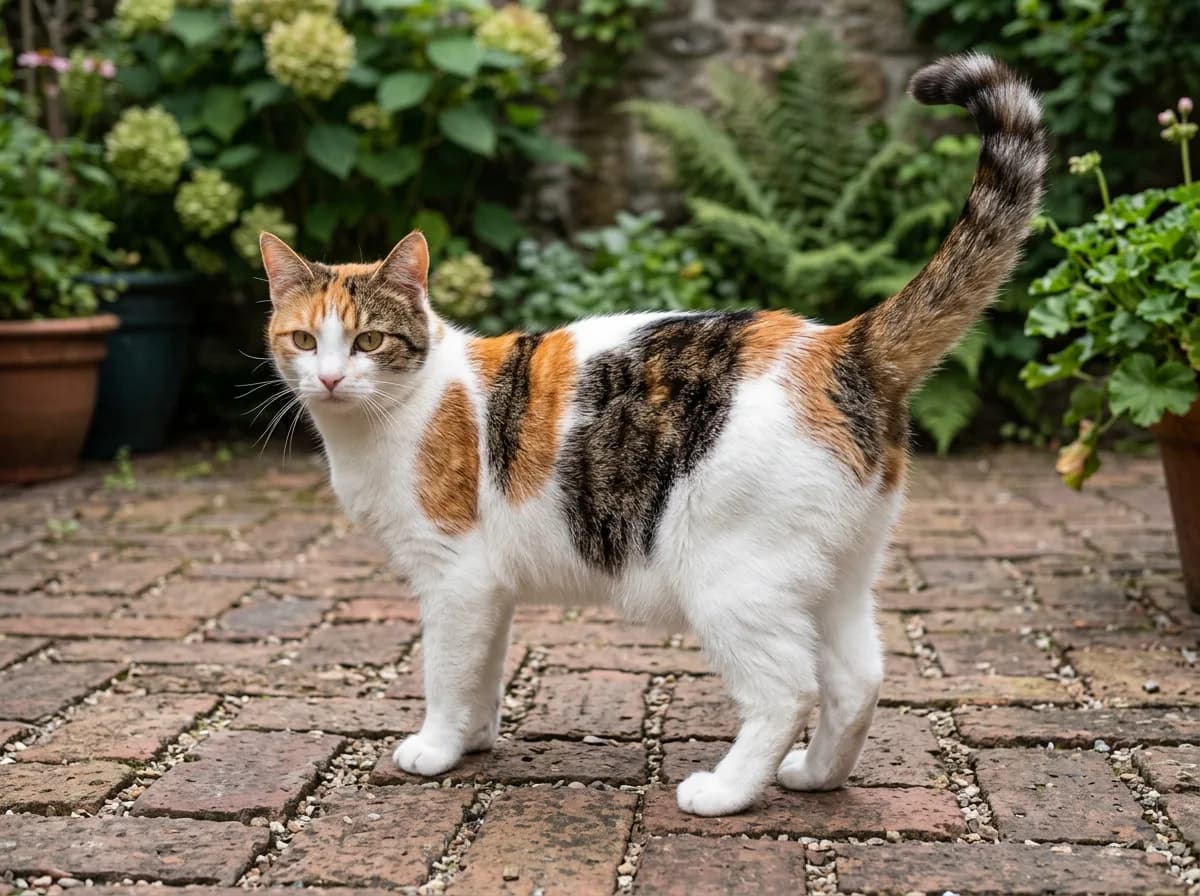 Caliby cat with white chest and legs and tabby-striped orange and brown patches across the back and head