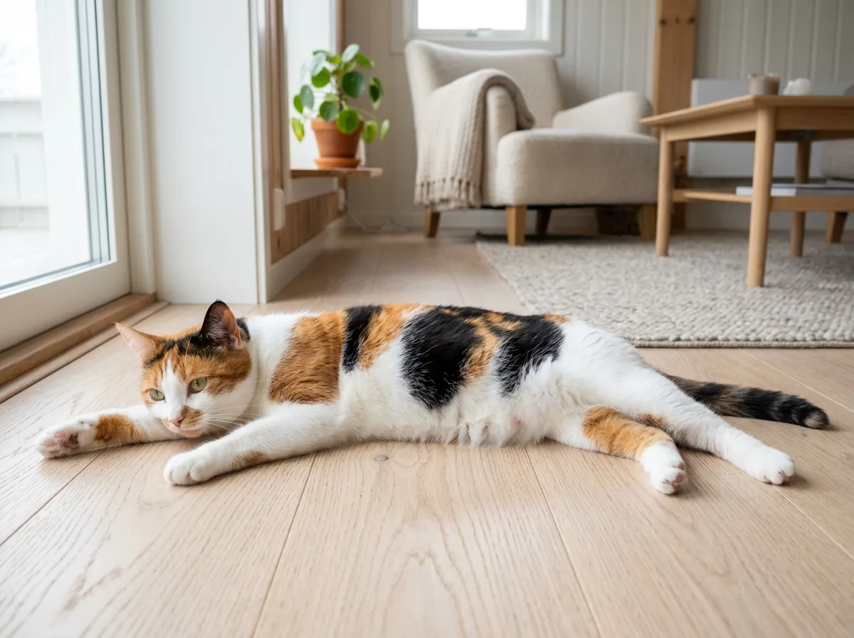Calico cat with a predominantly white coat and distinct orange and black patches lounging on a light wooden floor
