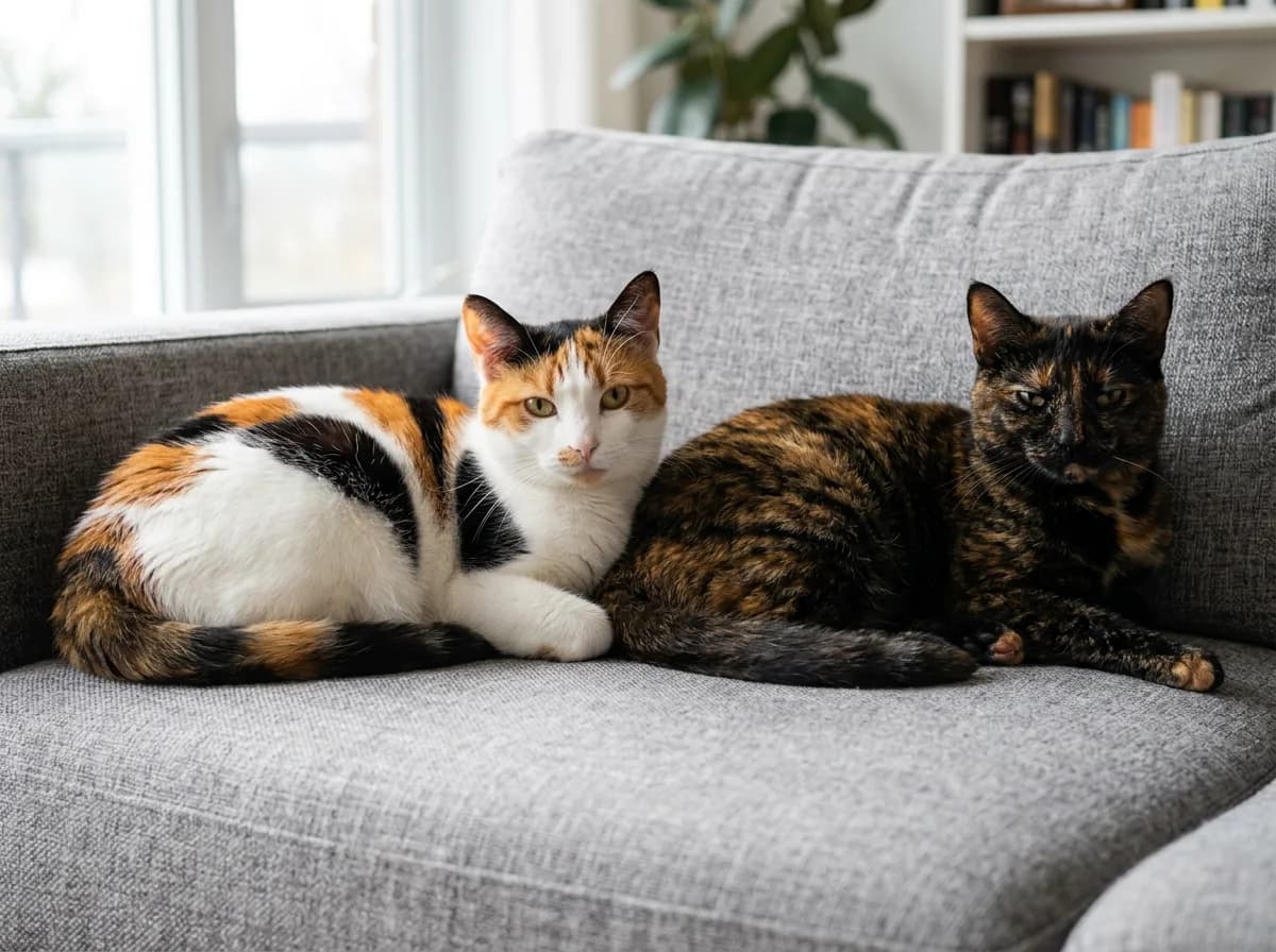 Side-by-side comparison of a white-bodied calico cat and a low-white tortoiseshell cat lying together on a gray sofa