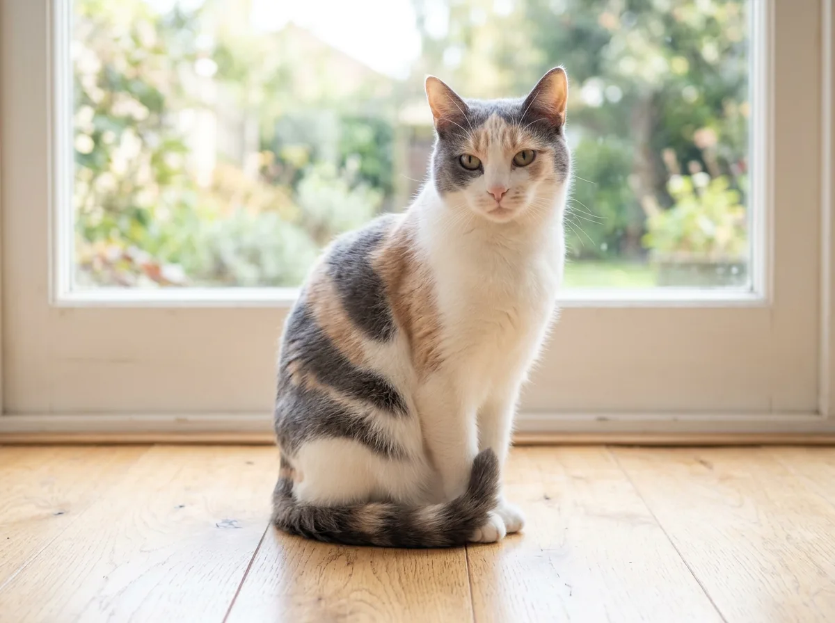 Dilute calico cat with soft blue-gray and cream patches on a white coat sitting in natural window light