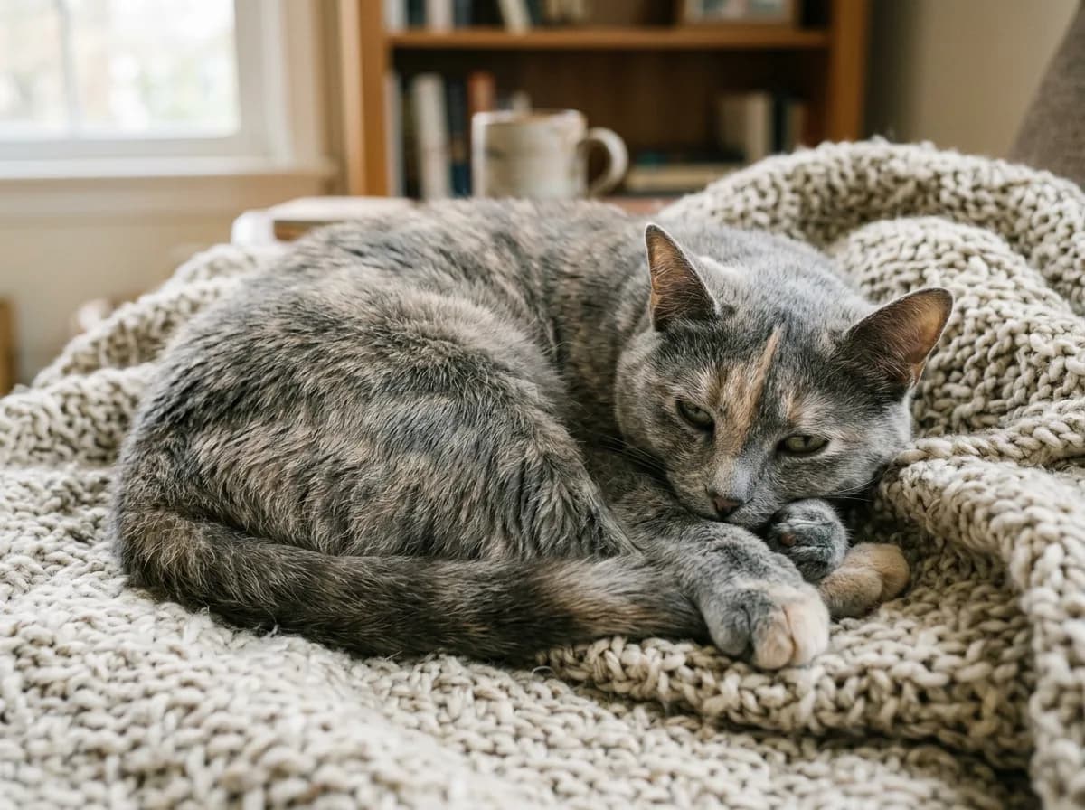 Dilute tortoiseshell cat with muted blue-gray and cream brindled fur curled up on a knit blanket
