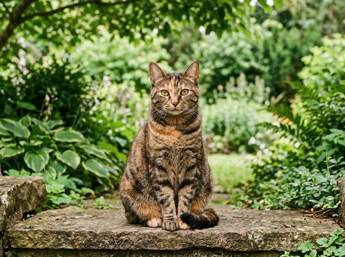 Torbie cat with brindled orange and black fur overlaid with bold tabby stripes sitting on a stone step in a garden