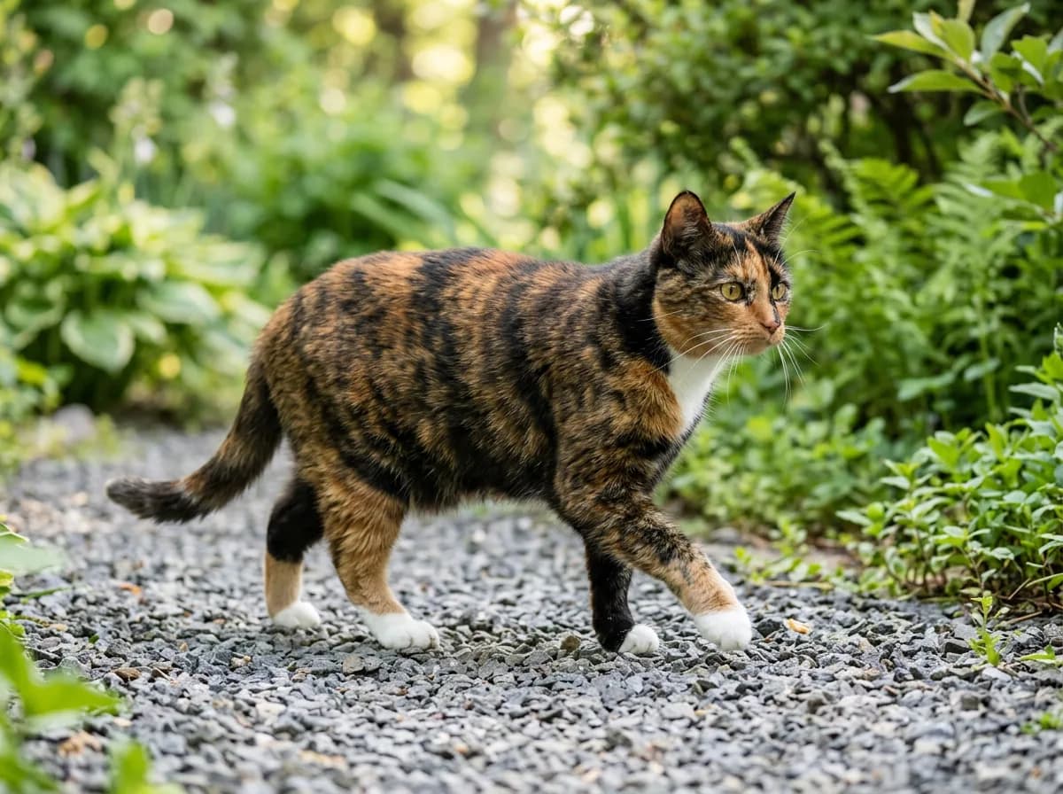 Tortoiseshell cat with a white chest patch and white mittens showing the tortico coat while walking on a garden path