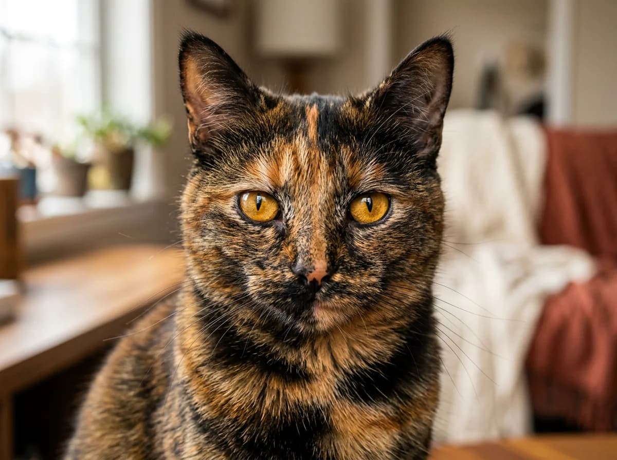 Close-up portrait of a tortoiseshell cat with tightly interwoven black and orange brindled fur and amber eyes