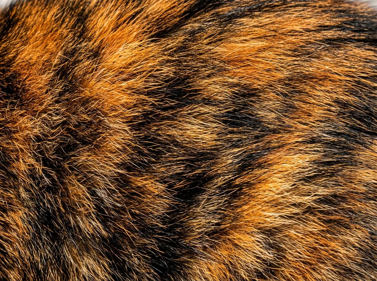 Macro detail of brindled orange and black cat fur showing the finely intermixed hairs of a tortoiseshell coat